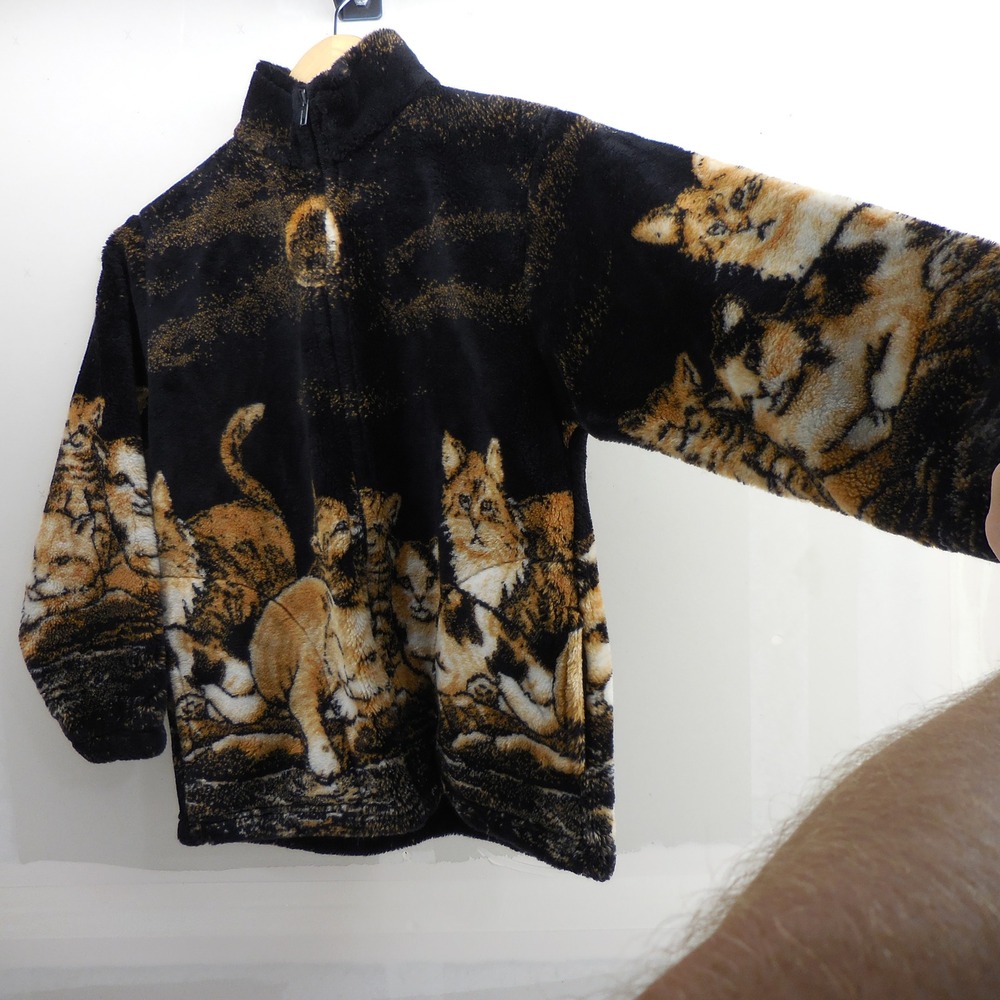 Mazmania Vintage Cat Full Moon Deep Fleece Jacket Zip Up Black USA Made L 10/12 - Picture 3 of 6
